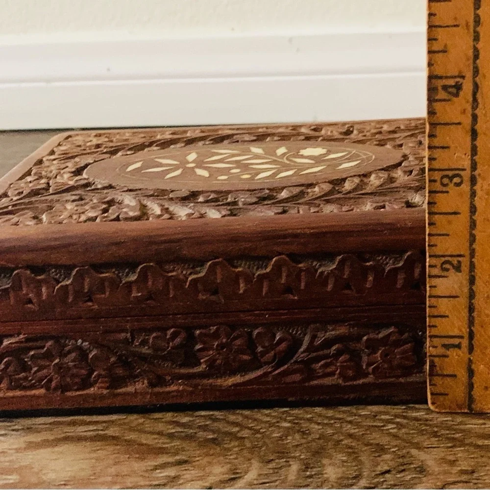 Vintage Hand Carved Wooden And Inlaid Trinket Box From India
